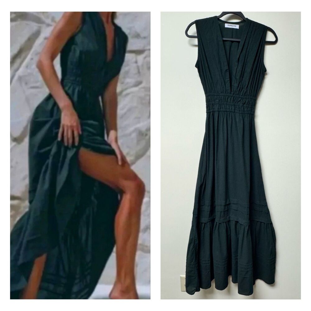 PAMPELONE 100% Cotton Plunge Neckline Ruffle Hem Maxi Dress, Blk/Grn, Sz S